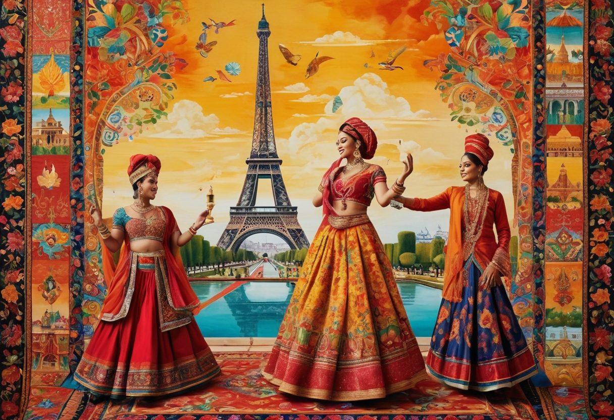 A vibrant collage showcasing diverse cultural symbols such as traditional clothing, food, and festivals from around the world, intertwined with a colorful tapestry that represents unity in diversity. Include landmarks like the Eiffel Tower, Taj Mahal, and traditional dancers in various attire. Emphasize bright colors and intricate patterns to evoke a sense of celebration and togetherness. artistic expression. vibrant colors. collage style.