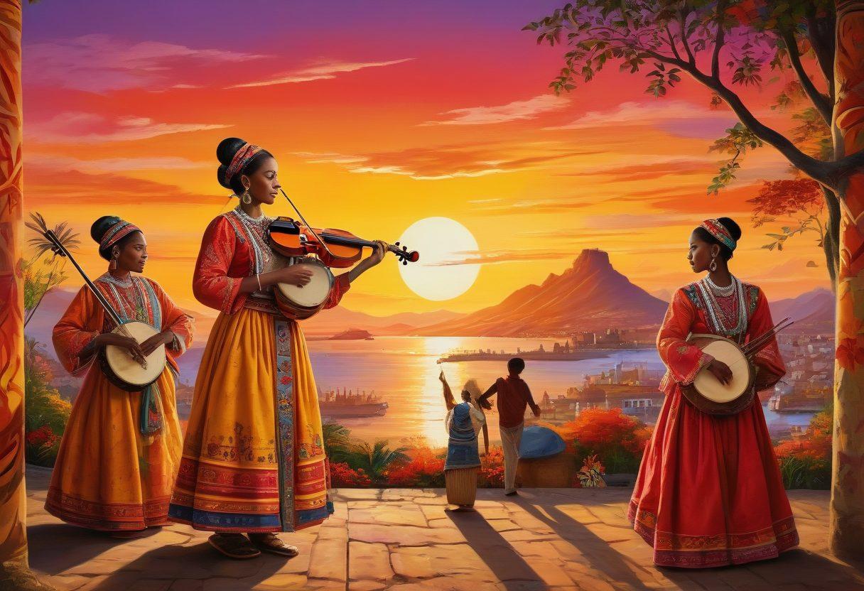 A vibrant tapestry that intertwines various folk traditions from around the world, featuring elements like traditional costumes, unique instruments, and cultural artifacts. In the background, silhouettes of diverse communities celebrating together under a radiant sunset. This unified image embodies the journey through ancestry and cultural connections. vivid colors. painting style.