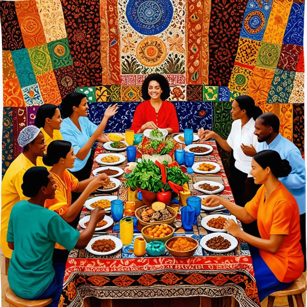A vibrant tapestry woven with various cultural symbols, each representing different traditions and ethnicities, seamlessly blending into a rich mosaic of colors. People of diverse backgrounds joyfully interacting, sharing stories over a communal table adorned with an array of traditional foods. Banners showcasing flags from around the world flutter in the background, evoking a sense of unity and celebration of differences. The imagery should inspire warmth, connection, and the beauty of multicultural collaboration. vivid colors. painting.
